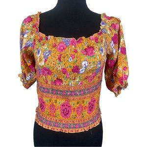 SEA LUSTRE ☆ Boho Smocked Crop Top Short Sleeve Floral Shirt ☆ Size S/M